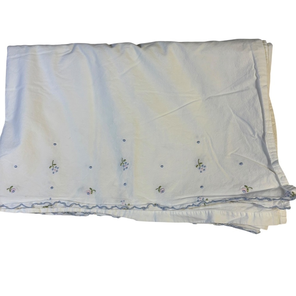 Laura Ashley Full Flat Sheet White Cotton Embroidered Floral Scalloped Edge